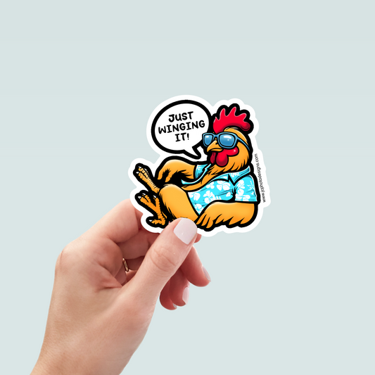 Cool Rooster 'Just Winging It' Art Decal Stickers, Funny Handmade Cute Gift