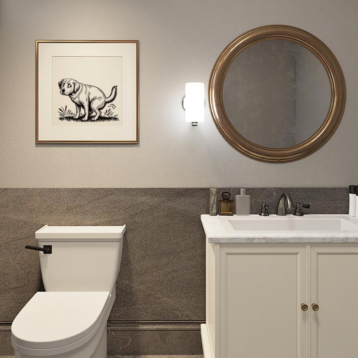 Lab dog pooping black and white art print framed above toilet in bathroom