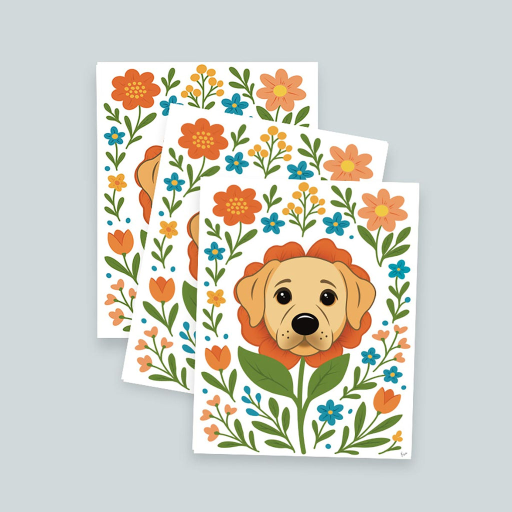 stack of 3 Labrador flower art prints featuring a yellow lab dog's face surrounded by orange teal and yellow flowers and green stems leaves on a white background