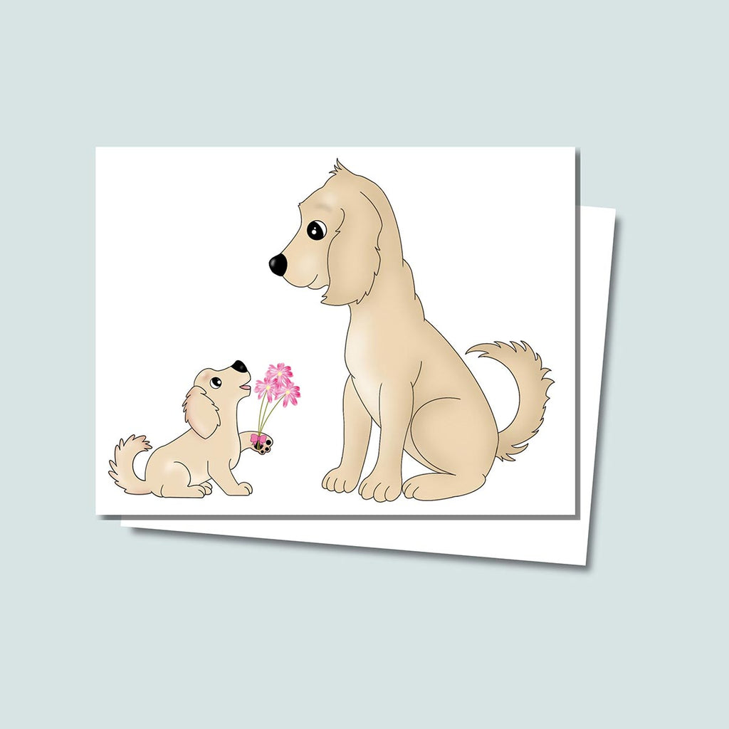 Love Speaks in Flowers greeting card featuring a cute tan Golden Retriever puppy holding a bouquet of pink flowers giving them to its tan Golden Retriever mother dog, card has a white background and no text on front of card