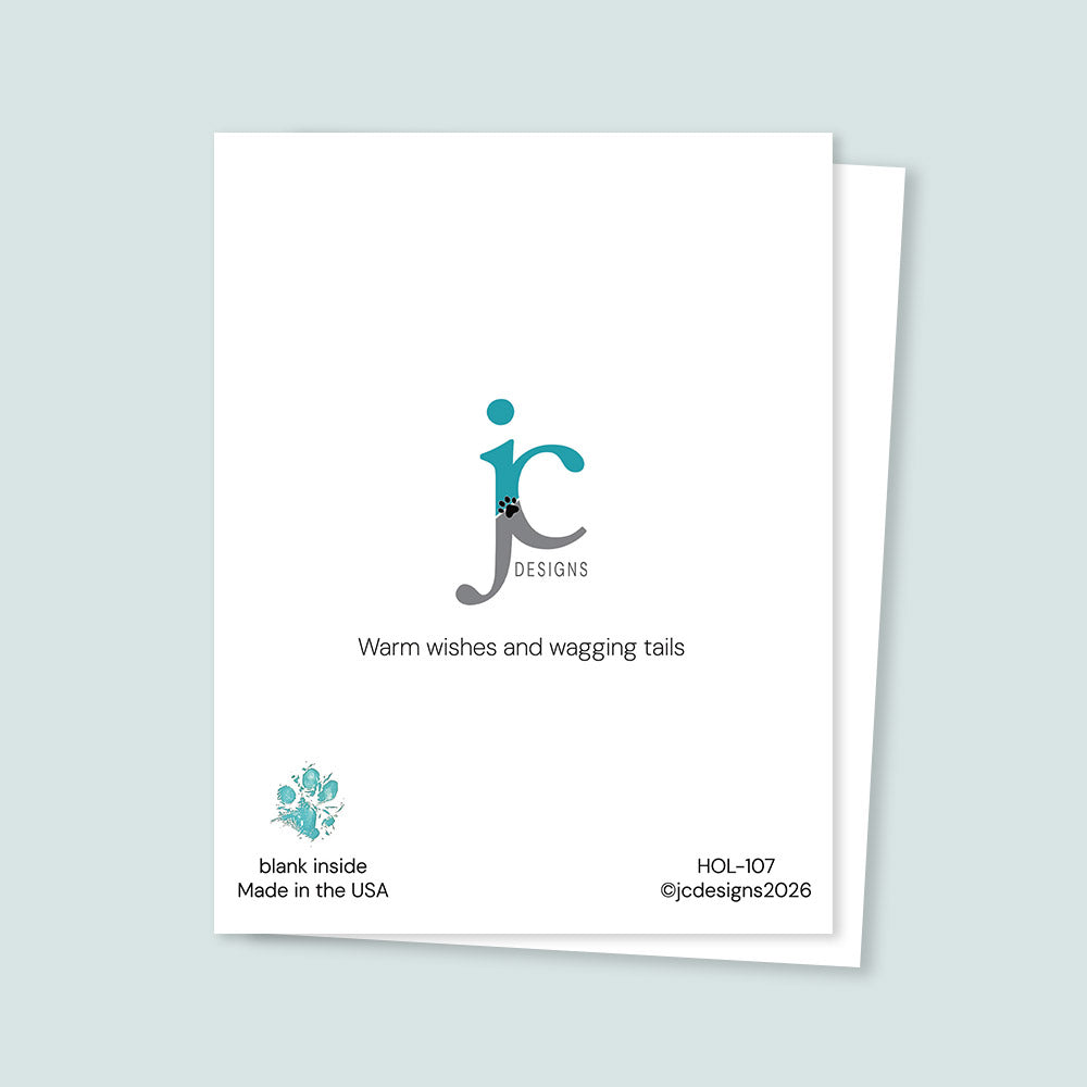 Greeting card with JC Designs logo and text on a light gray background