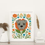 framed Pit Bull Flower art print featuring a gray Pit Bull's face framed by an orange flower surrounded by orange and teal flowers and green stems leaves on a white background, frame is not included in purchase