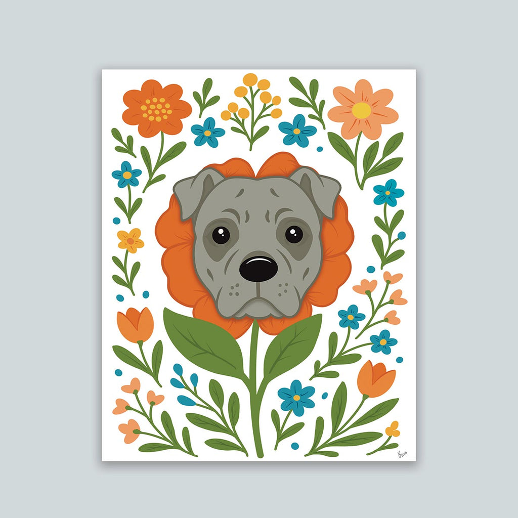 Pit Bull Flower art print featuring a gray Pit Bull's face framed by an orange flower surrounded by orange and teal flowers and green stems leaves on a white background
