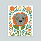 Pit Bull Flower art print featuring a gray Pit Bull's face framed by an orange flower surrounded by orange and teal flowers and green stems leaves on a white background