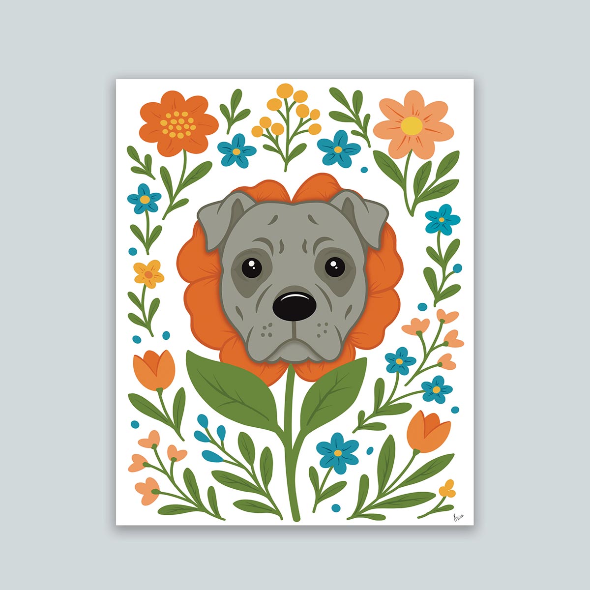 Pit Bull Flower art print featuring a gray Pit Bull's face framed by an orange flower surrounded by orange and teal flowers and green stems leaves on a white background