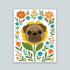 Pug flower art print featuring a brown pug's face framed by a yellow flower and surrounded by colorful orange yellow and teal blooms with green leaves and stems on a white background