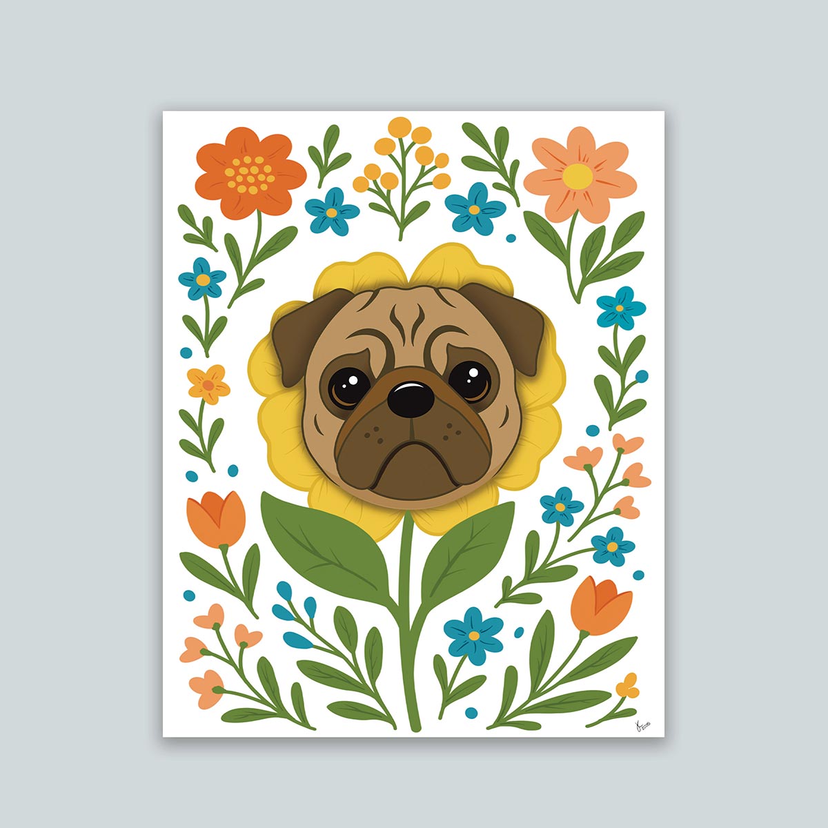 Pug flower art print featuring a brown pug's face framed by a yellow flower and surrounded by colorful orange yellow and teal blooms with green leaves and stems on a white background