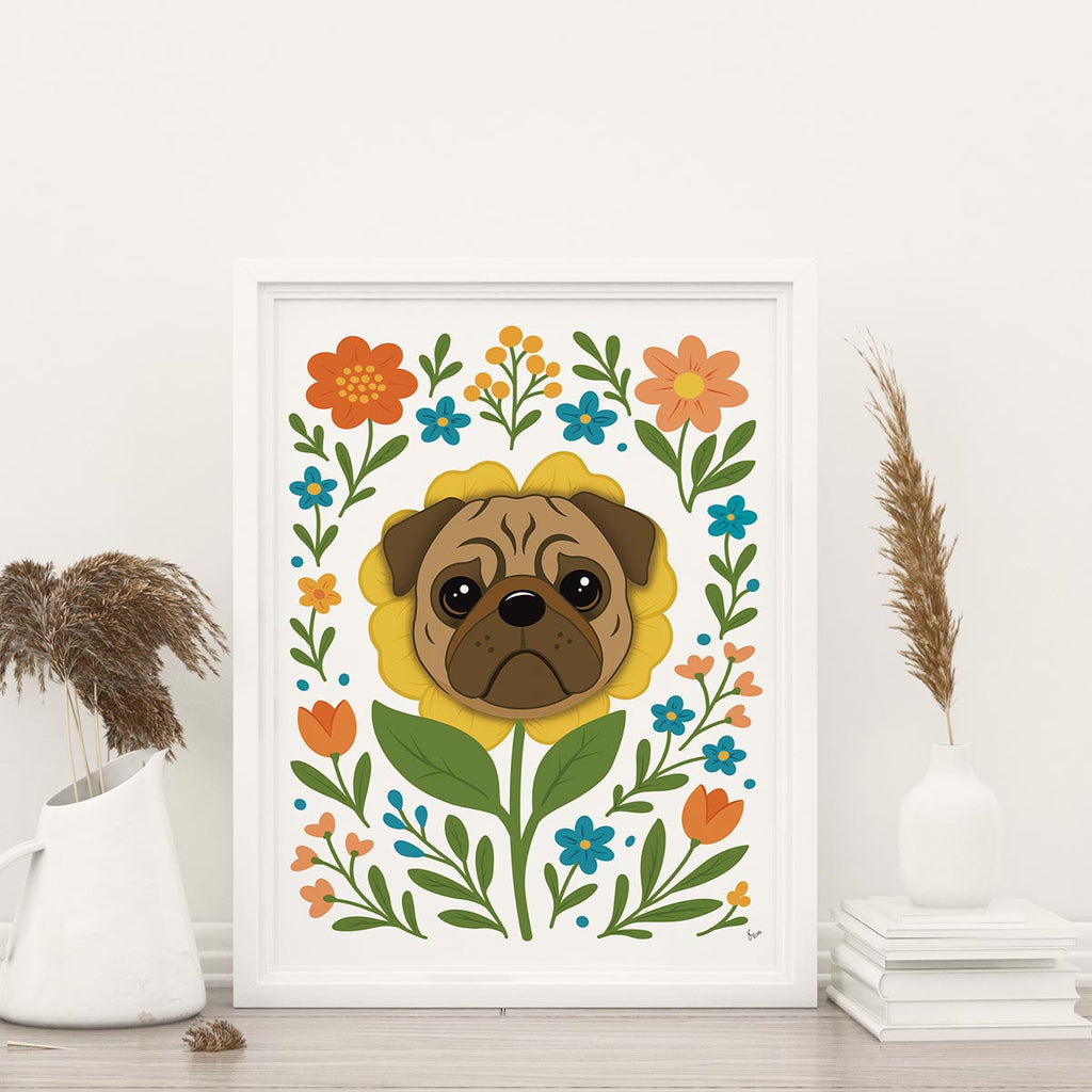 framed Pug flower art print featuring a brown pug's face framed by a yellow flower and surrounded by colorful orange yellow and teal blooms with green leaves and stems on a white background, frame not included in purchase