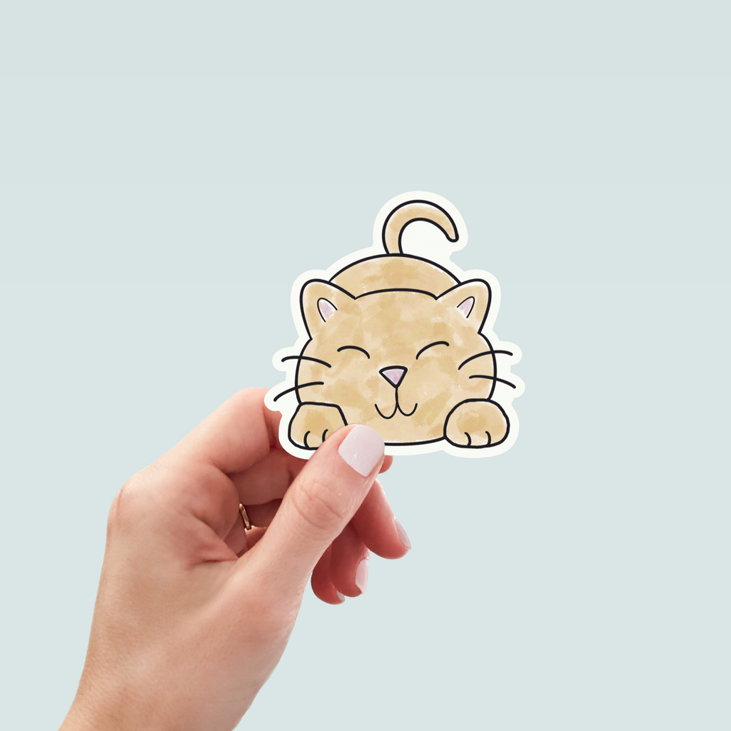 Sleepy Tan Cat Sticker - Hand-Drawn Vinyl Decal