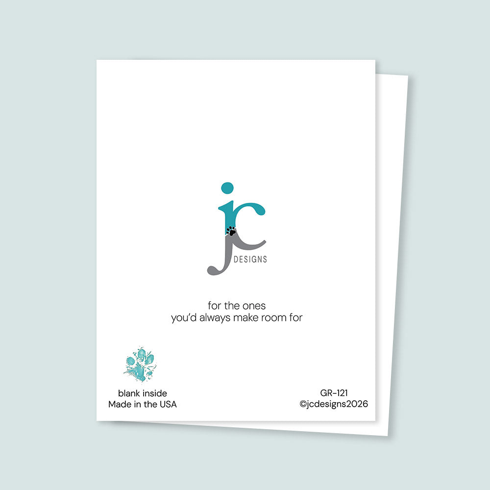 Greeting card with JC Designs logo and text on a light gray background