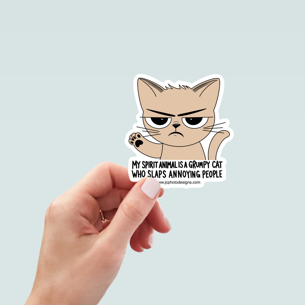 Grumpy Spirit Animal Cat Sticker - Hand-Drawn Vinyl Decal