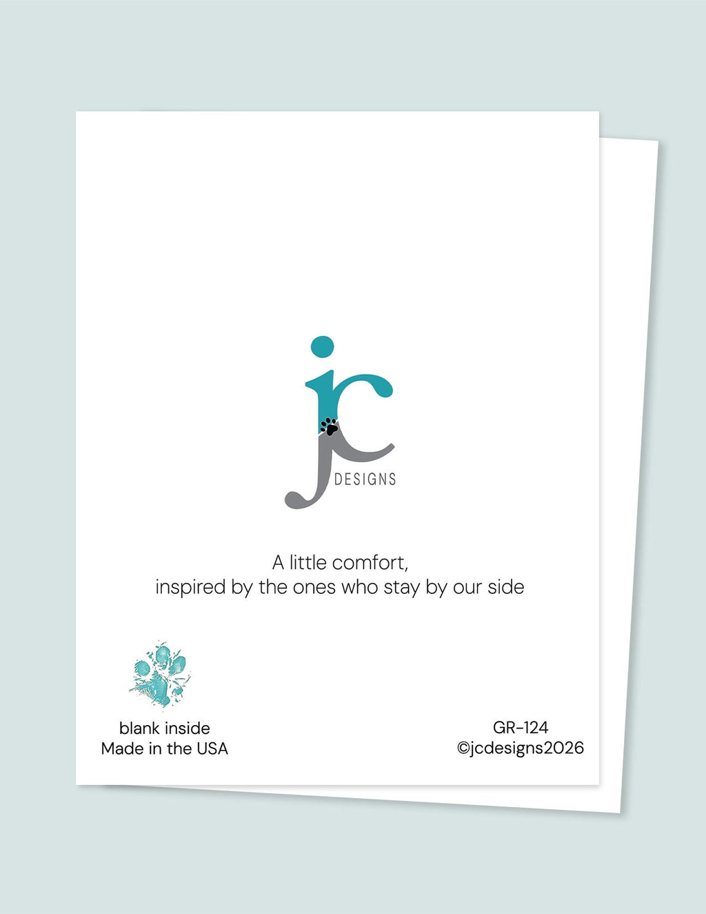 Card with jc Designs logo and text on a light gray background
