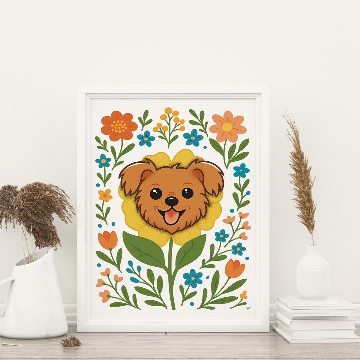 framed Terrier Flower art print featuring a brown terrier face framed by an yellow flower surrounded by orange and teal flowers and green stems leaves on a white background, frame not included in purchase