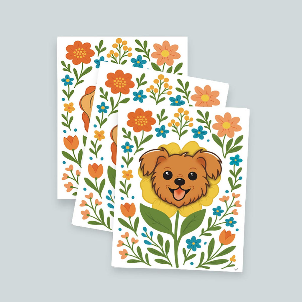 set of three Terrier Flower art print featuring a brown terrier face framed by an yellow flower surrounded by orange and teal flowers and green stems leaves on a white background