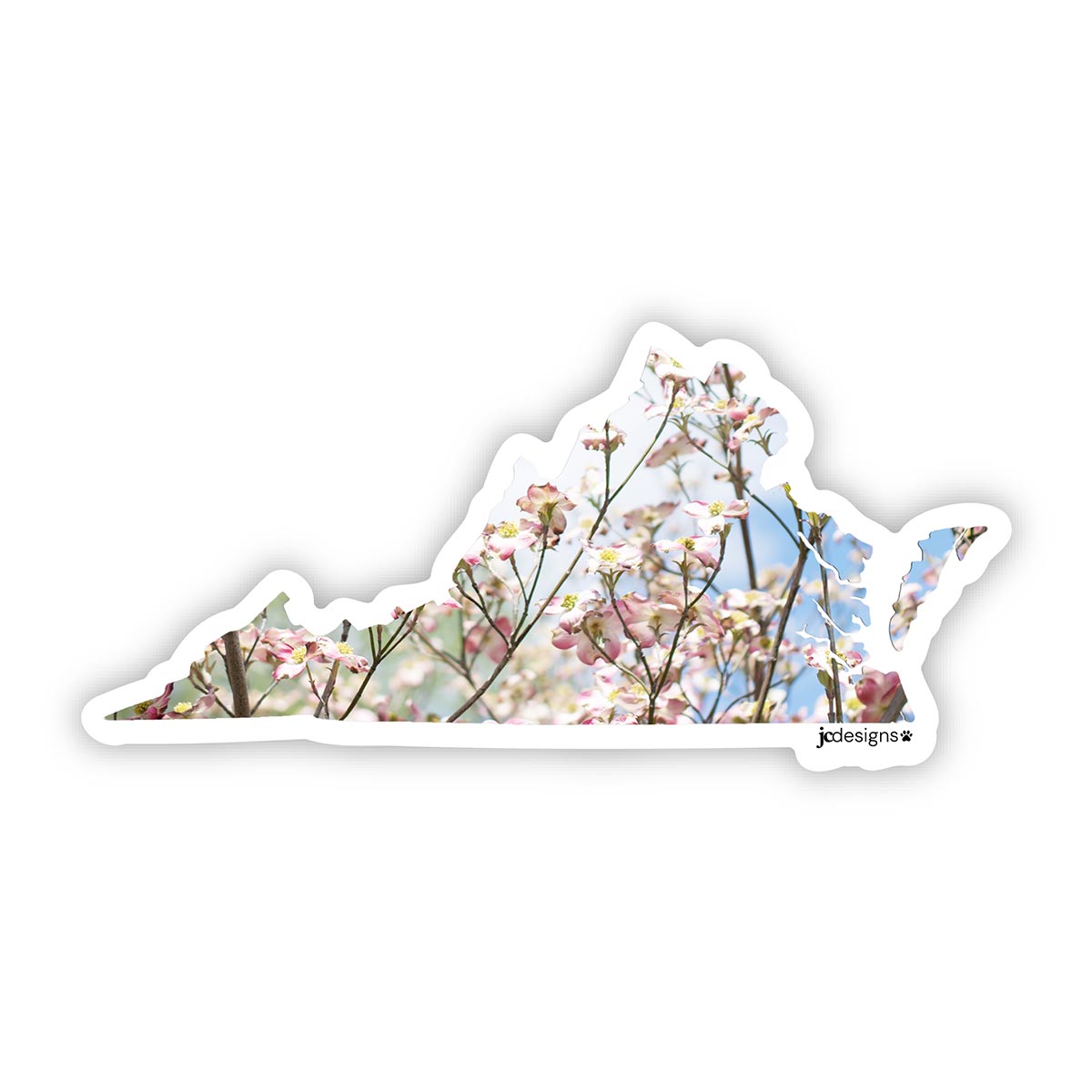 Virginia state-shaped sticker featuring blooming pink and white dogwood flowers with a light blue sky background, outlined in white die cut